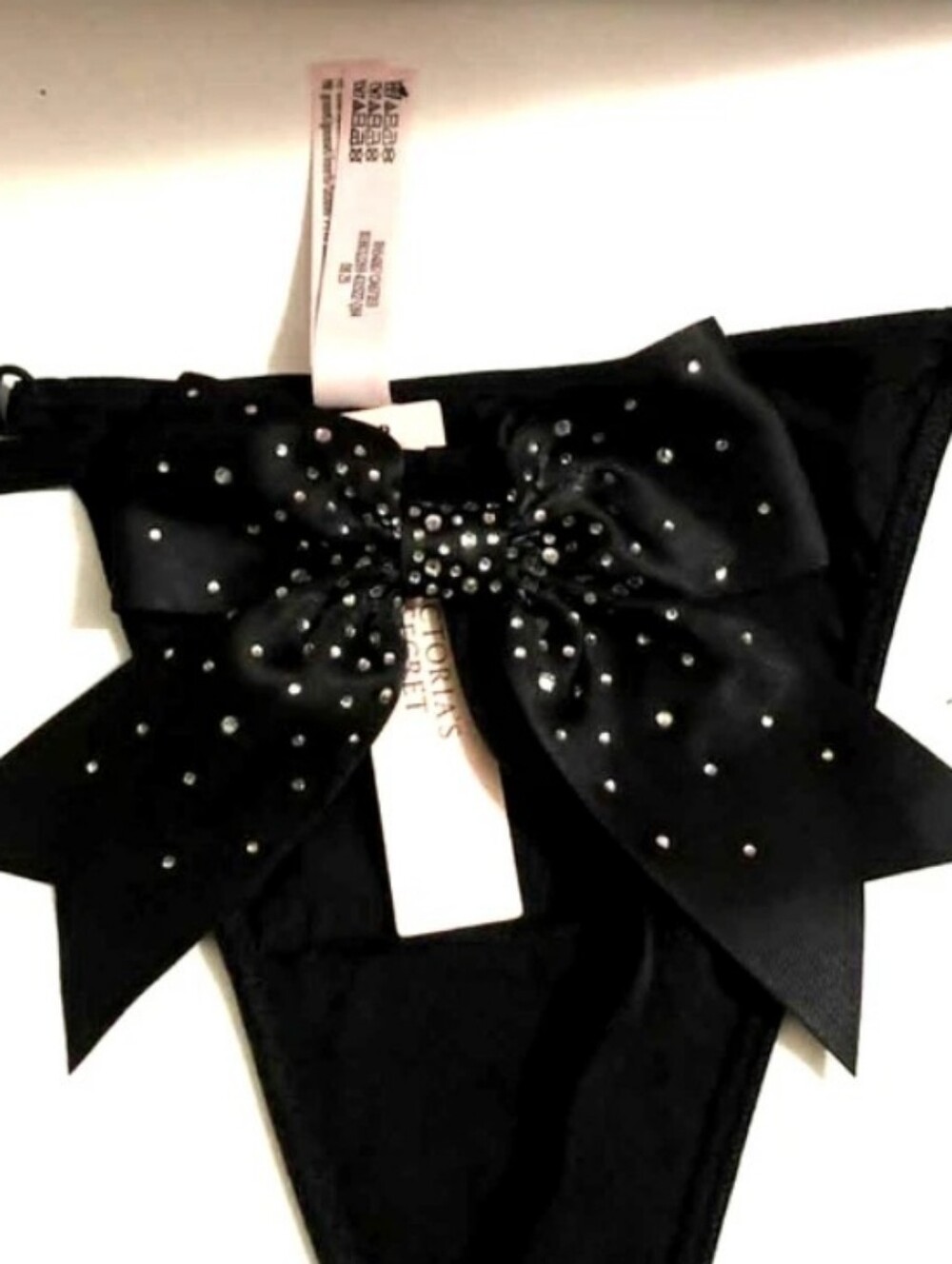 Victoria's Secret Very Sexy Black Shine Bow V-string Panty BLACK BLING! SMALL